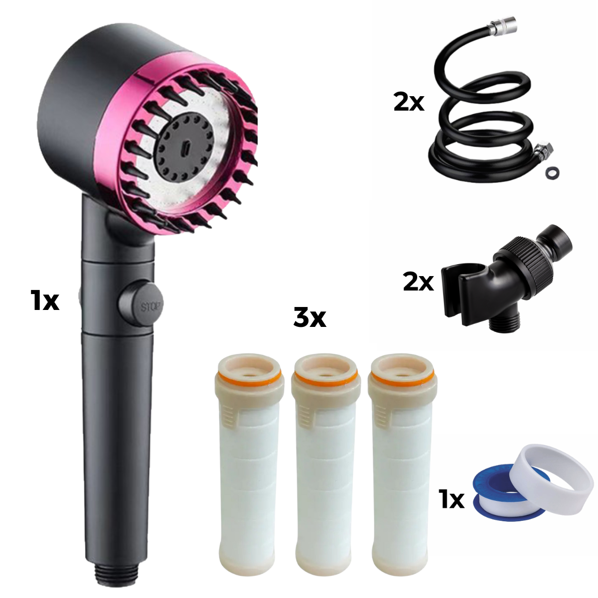Duş başlığı + 2x hortum + 2x adaptör + 3x filtre + teflon bant