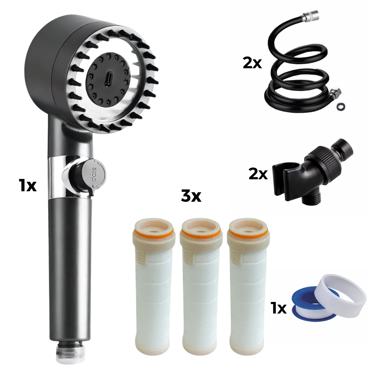 Duş başlığı + 2x hortum + 2x adaptör + 3x filtre + teflon bant