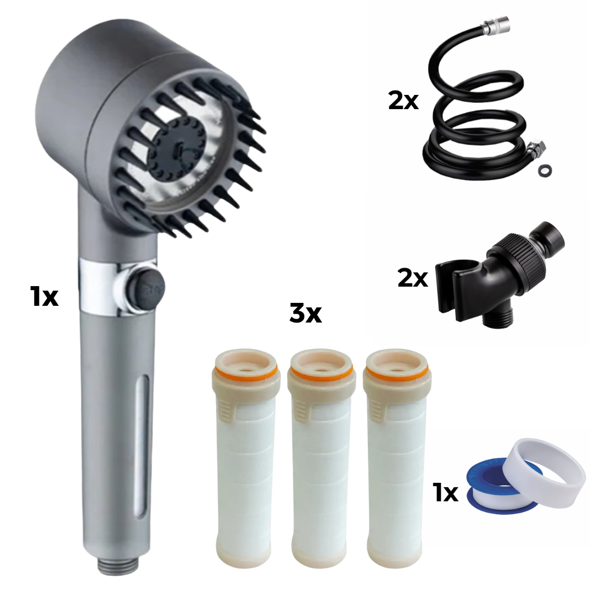 Duş başlığı + 2x hortum + 2x adaptör + 3x filtre + teflon bant